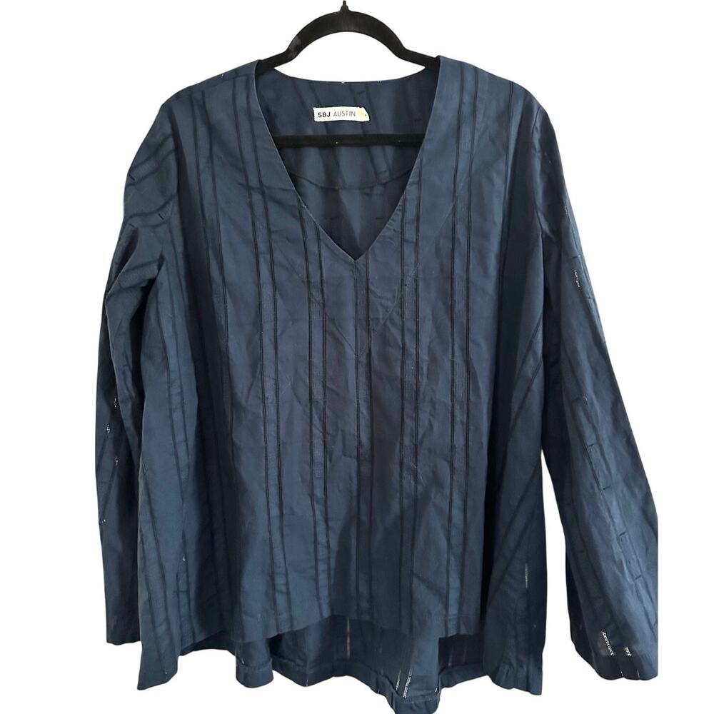 SBJ Austin Navy Blue Sheer Stripe V-Neck Blouse Lightweight Minimalist Top Tunic